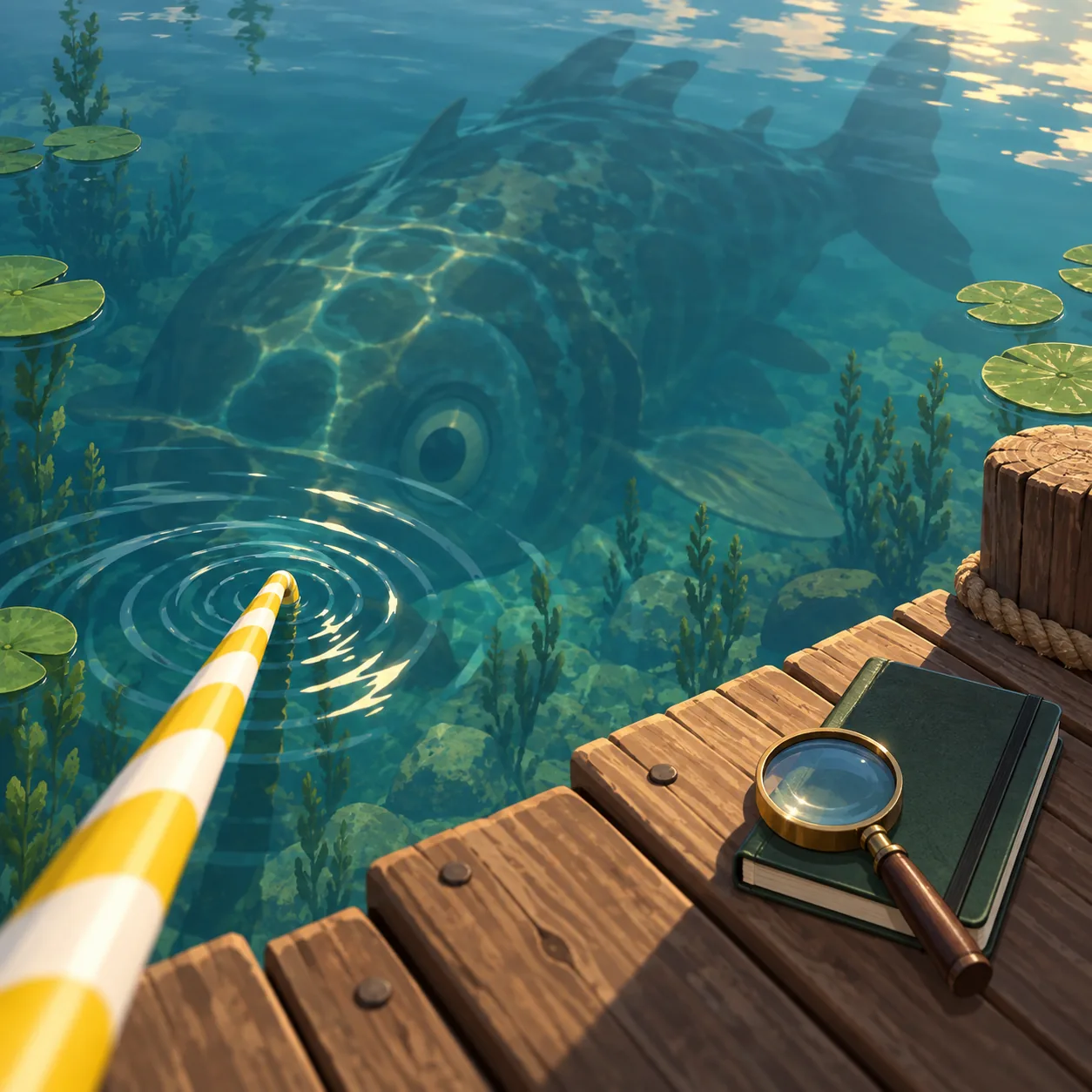 Ilustração editorial de um canudo e peixe sob um píer de Lake Sipping