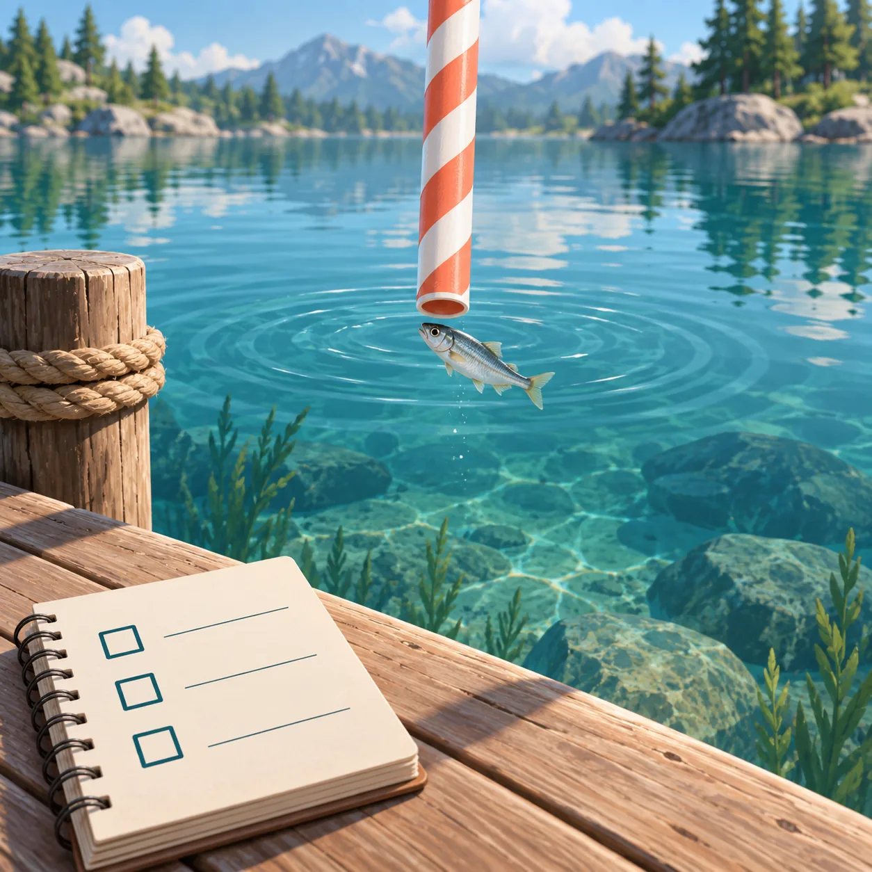Ilustração editorial de peixe, canudo e caderno de verificação junto ao lago