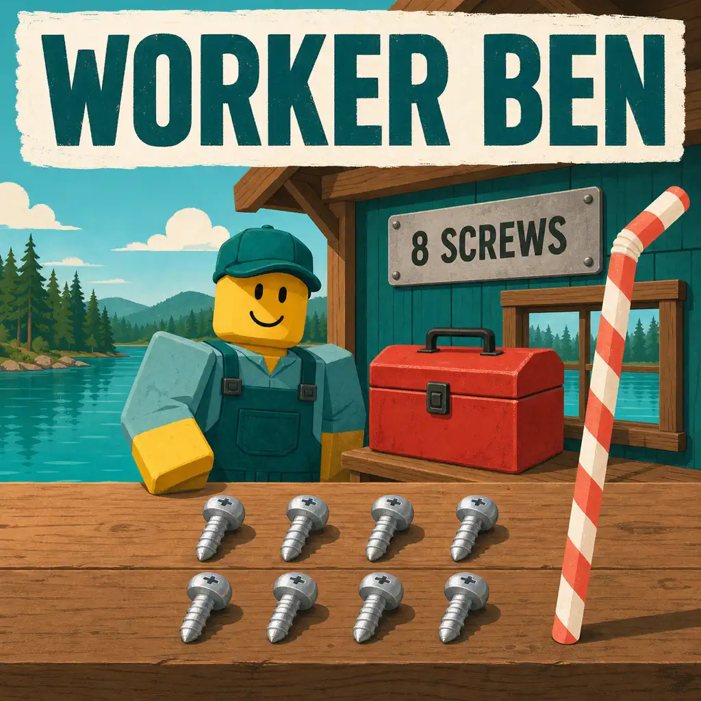 Editorial Lake Sipping Worker Ben quest illustration showing eight screws, a toolbox, and a lake-side workshop